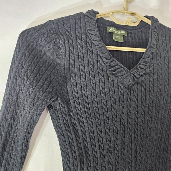 Eddie Bauer Sweater Womens M Black V Neck Cable Knit Long Sleeve Pullover Top - Picture 3 of 10